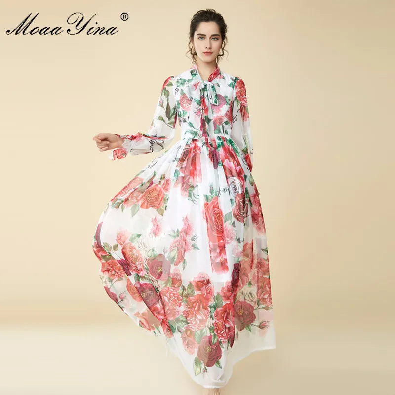 

MoaaYina 2018 Spring Summer Maxi Dress Bow Collar rose Floral Prin Butterfly Sleeve Long Casual Holiday Bohemian Loose Dress