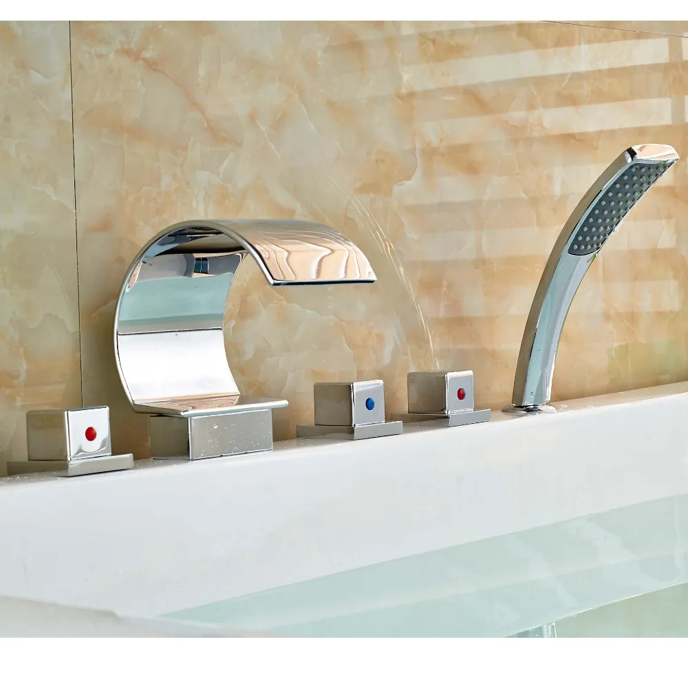

5 Holes Waterfall Bathtub Faucet Deck Mount Widespread Mixer Tap with Handshower
