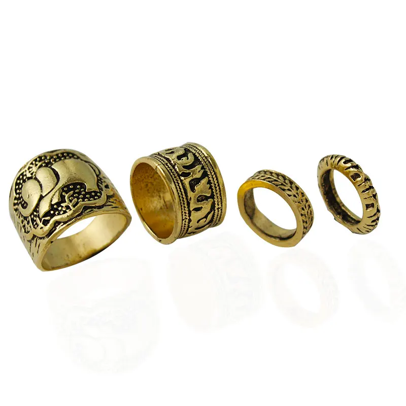 

4 Pcs/set Bohemian Retro Elephant Carved Ring Set for Women Wedding Retro Gold Color Silver Jewelry Rings Gift FSPJZ53