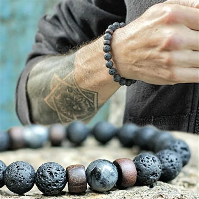 YIZIZAI Natural Lava Rock Stone Beads Strand Bracelet Wooden bead Accessories Black Charm Stone Men Women Jewelry Gift|Charm Bracelets| - AliExpress