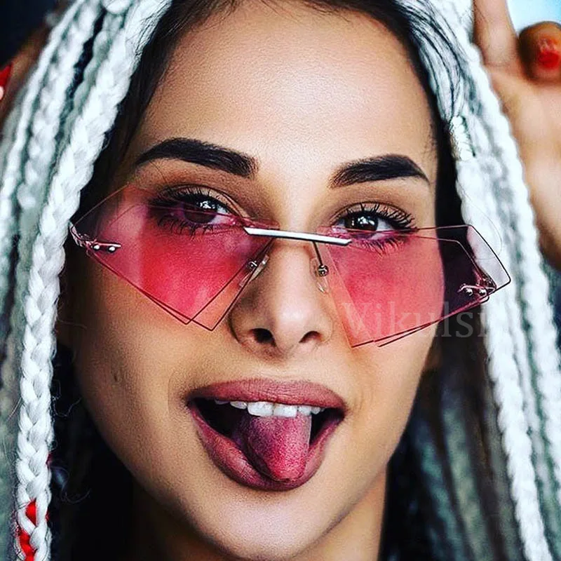 

2018 Retro Red Lens Steampunk Sunglasses Women Metal Frame Irregular Double Lens Sun Glasses Rimless Triangle Sun Glasses Female