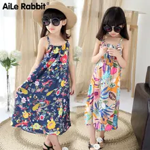 AiLe Rabbit/Коллекция года, летнее платье для девочек с цветочным принтом в стиле ретро, платье на бретелях, детское платье-майка для больших девочек, летнее пляжное платье, праздничное платье, От 4 до 10 лет
