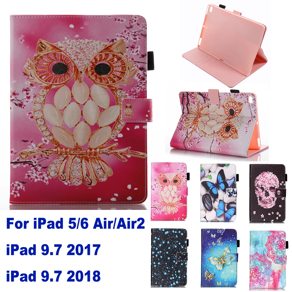

Stand Wallet Card Slot Case For Apple iPad 9.7 2017/2018 iPad 5/6 Air Air2 Case Cover Funda Tablet Fashion Skull Pattern Shell