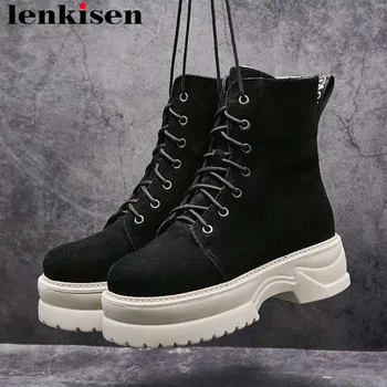 

Lenkisen simple round toe natural leather metal zipper platform metal zipper european design motorcycle boots mid-calf boots L63