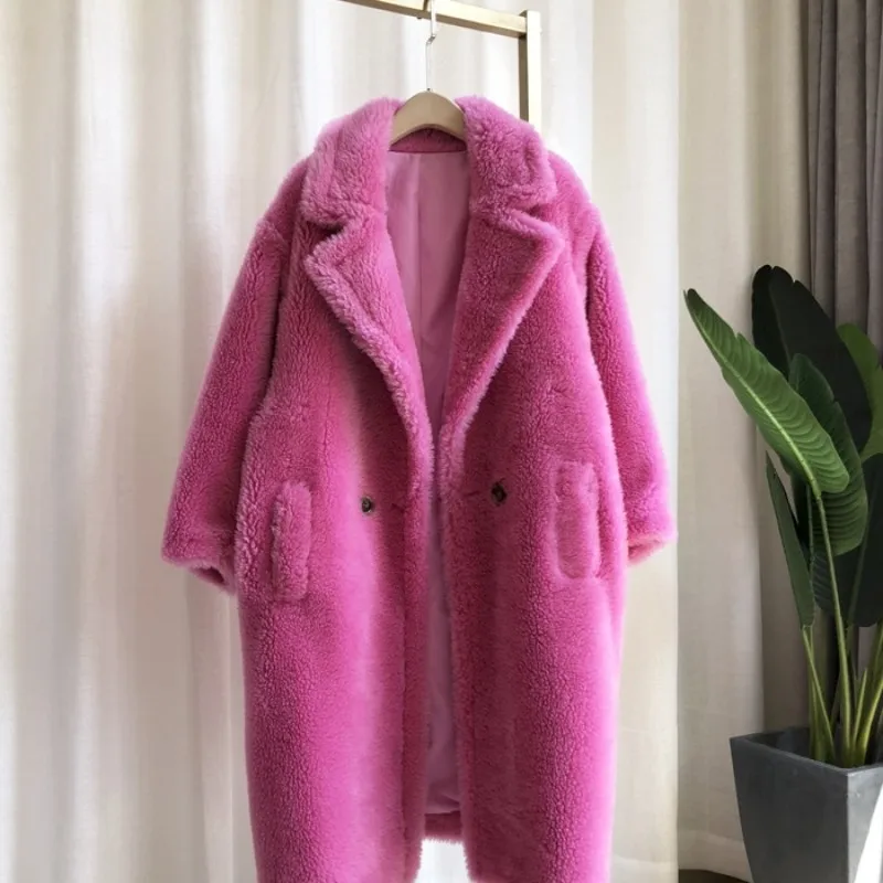 Роскошные куртки с натуральным мехом, женские пальто из овечьей шерсти, свободные Модные Роскошные теплые толстые, зимняя верхняя одежда, парки с отворотом, Женское пальто - Цвет: pink