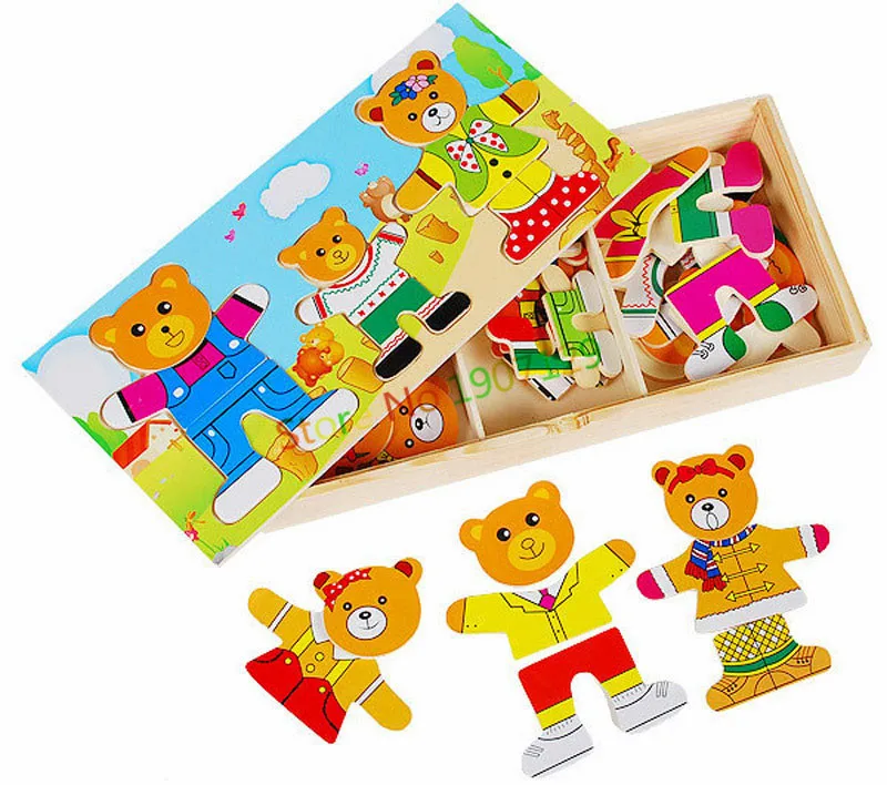 4 вида детских деревянных игрушек, деревянные наряды с медведем, головоломка, детское платье, развивающие игрушки Монтессори, детский подарок - Цвет: three bears