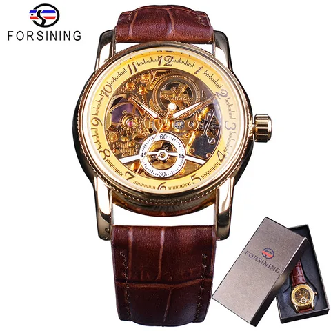 Classic Royal Retro Series Golden Case Skeleton Watch Brown Genuine Leather Men's Automatic Creative Watch Clock Male