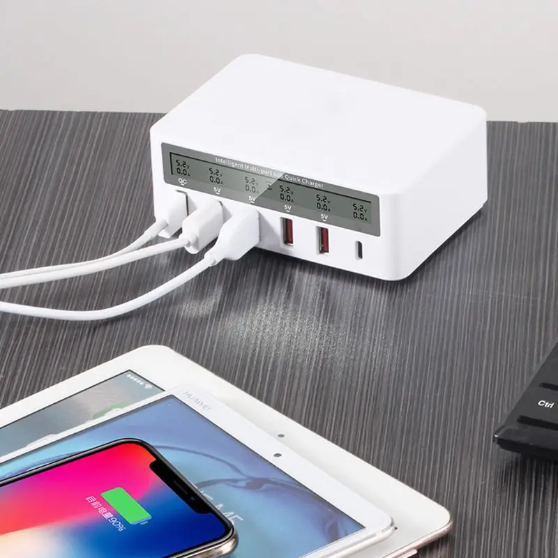 

6-in-1 Type C 5 USB QC 3.0 Fast Charge With LCD Voltage Current Display For iPhone iPad Samsung Xiaomi Huawei Cell Phone Tablet