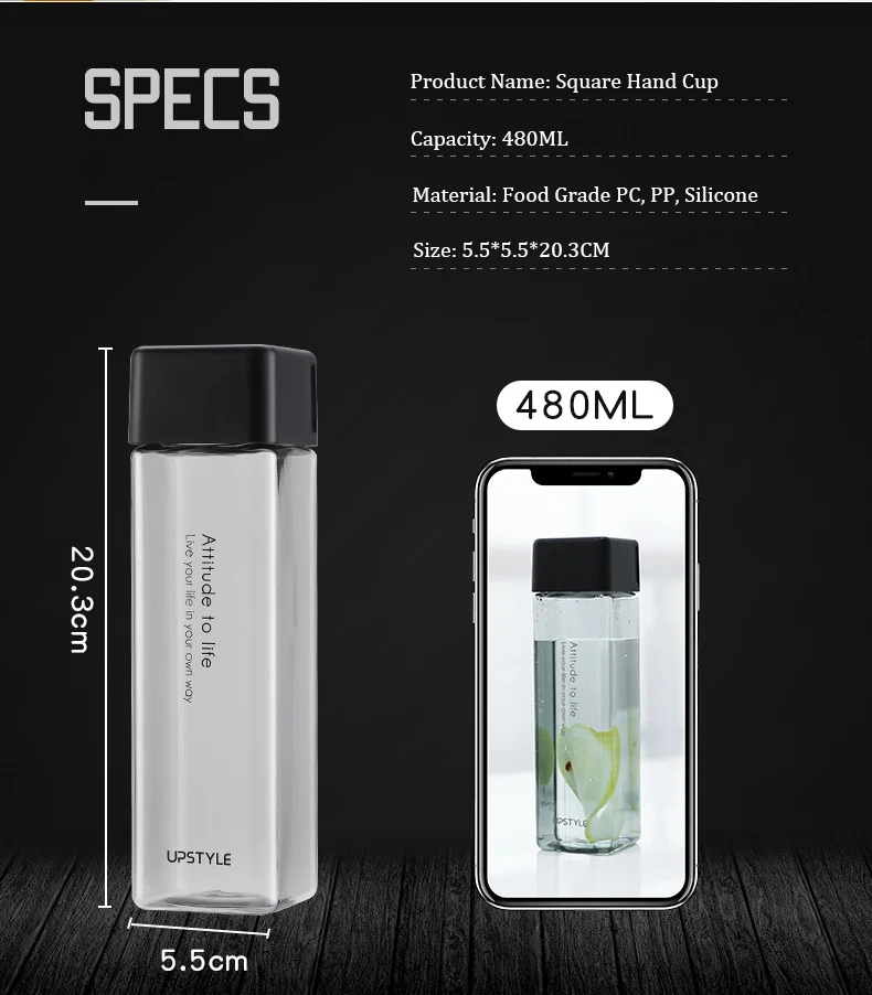 Water Bottle 480ml bpa free Square Plastic Water Bottle For Sports camping hiking Travel Portable  drinking bottles water Gifts (5)