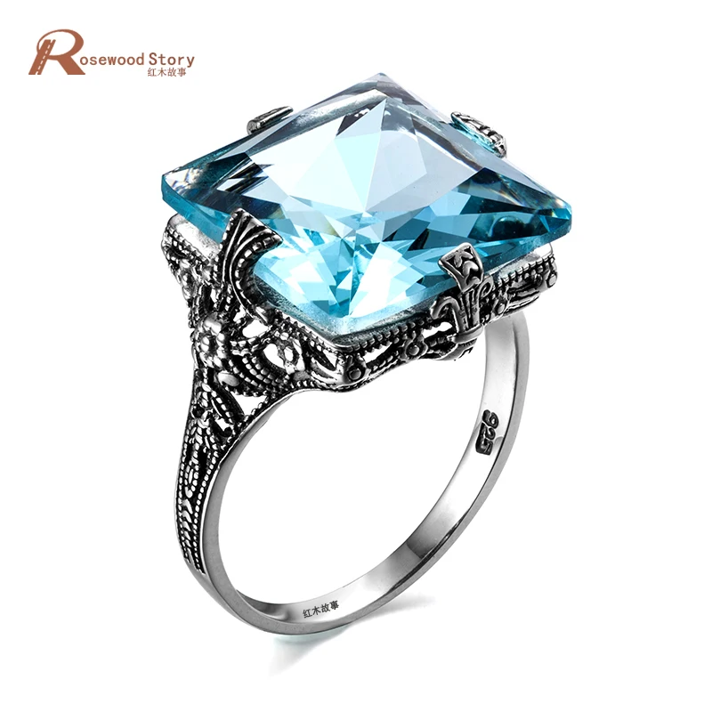 

Cloisonne Wedding Ring Fashion Solitaire Shinning Square Cut Light Blue Rhinestone Real 925 Sterling Silver Color Ring Size 5-10