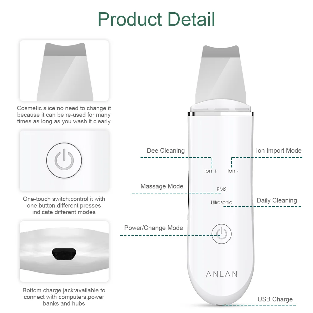 Billig Ultraschallpeelinggerät ANLAN Skin Scrubber, Ultraschall Peeling Porenreiniger Akne Entferner Ionen Hautreiniger für Gesichtsreinigung Gesichtspflege (Weiß)
