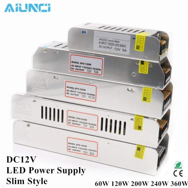 Led電源AC220VにDC12V ledアダプタスリム照明変圧器60ワット120ワット200ワット240ワット360ワット AliExpress