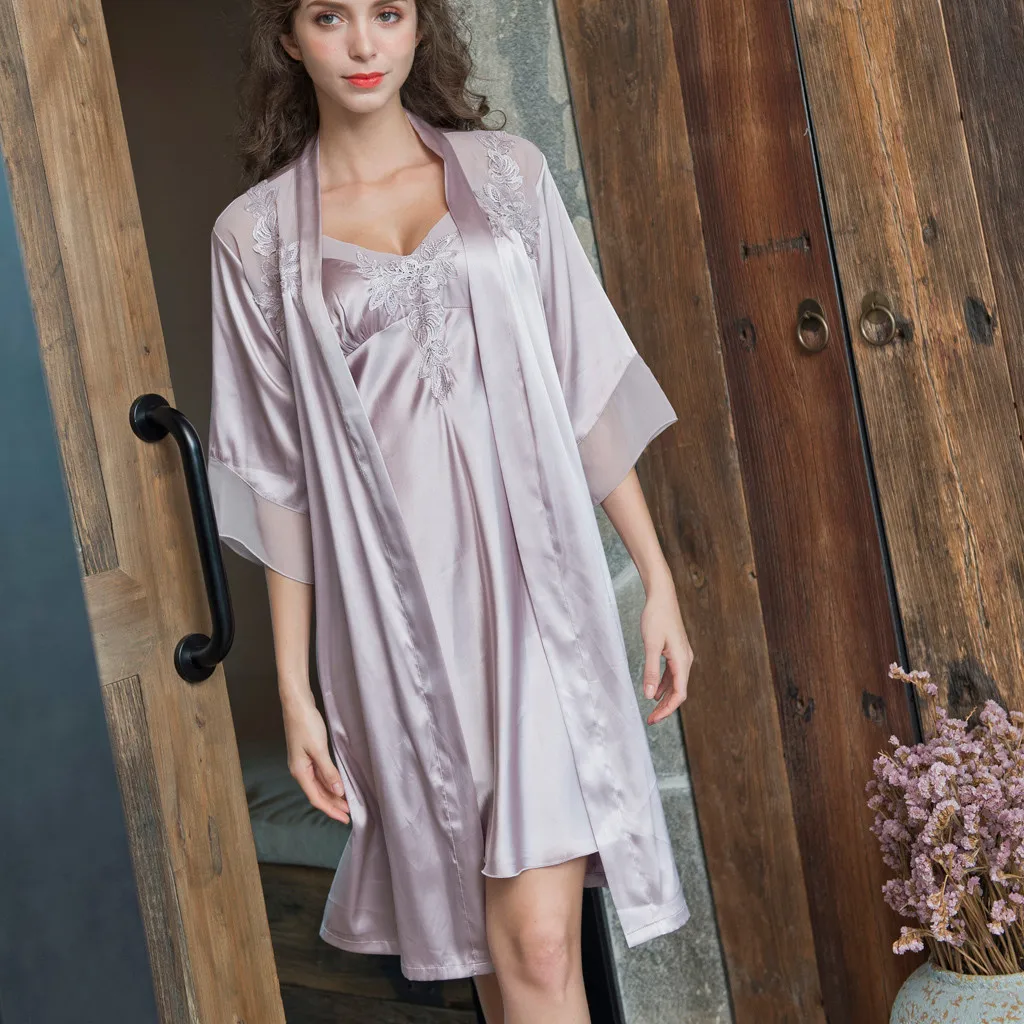 

New Women's Sexy Underwear Silk Robes For Women Nightdress Sleepwear Above Knee Nuisette Femme De Nuit Spaghetti Strap Robe Set