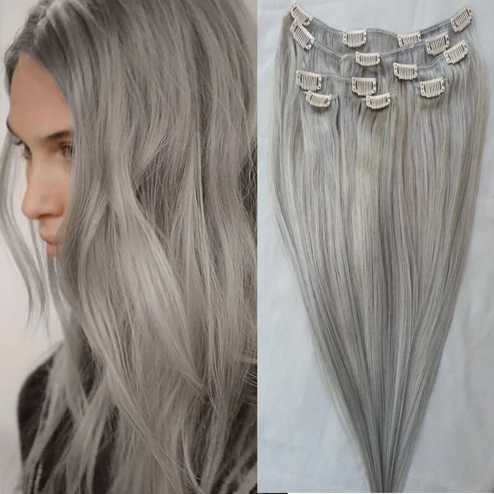 Gray Clip In Human Hair Extensions 120g Set Peruvian Human Hair