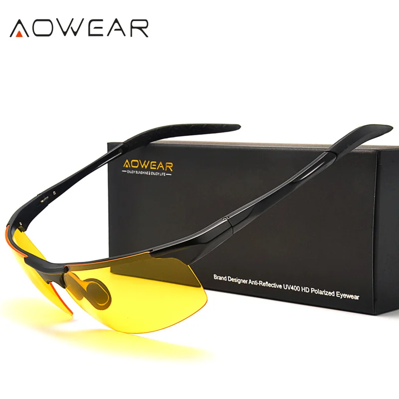

AOWEAR Mens Polarized Night Vision Glasses for Night Driving Yellow Sunglasses Men Aluminium Anti-Glare Driver Goggles Eyewear
