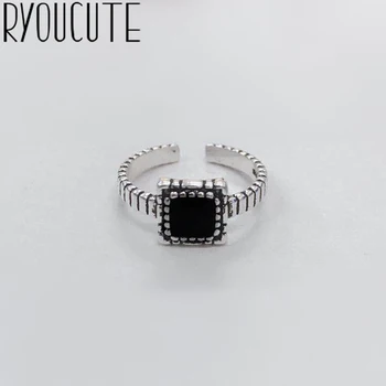 

2019 Fashion Vintage Silver Color Square Black Ring for Women Jewelry Adjustable Size Finger Engagement Antique Ring