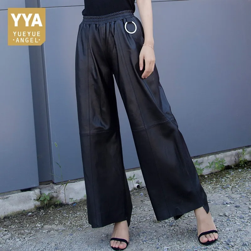 

2019 Fashion Women Autumn Winter Black Genuine Leather Lambskin Loose Fit Wide Leg Pants Trousers Elastic Waist Pantalon Femme