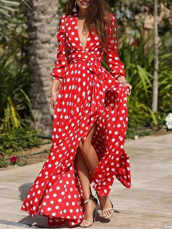 Boho chic разрез свободное платье в горошек красного цвета для женщин сексуальный