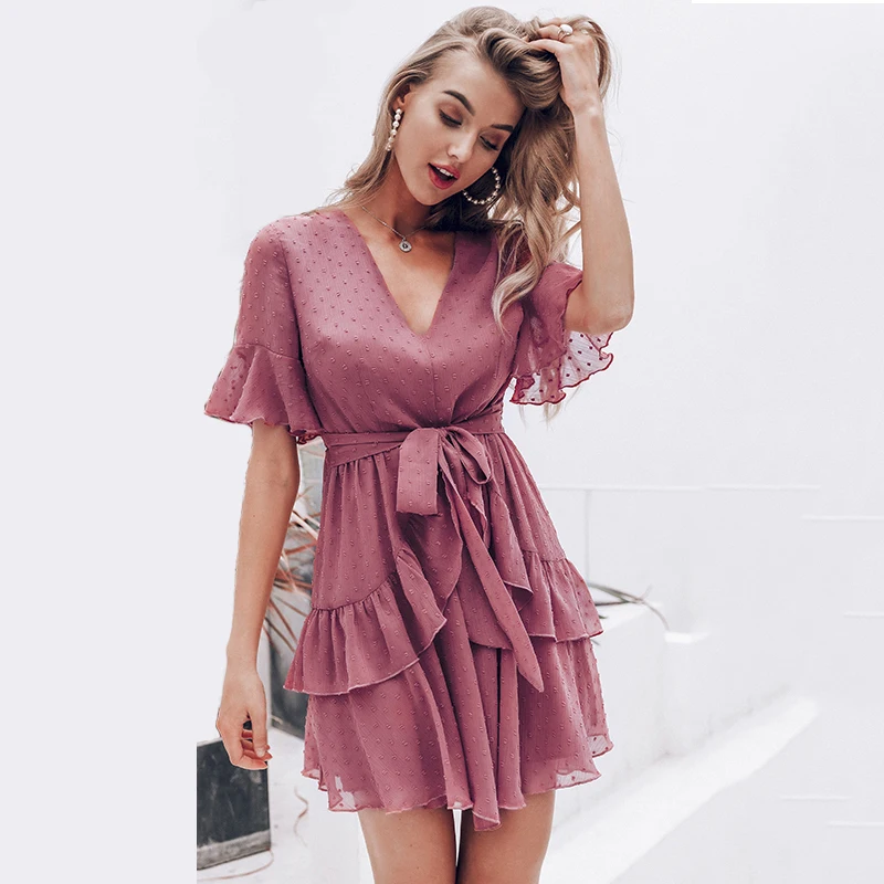 

Women Summer Sexy V-neck Ruffle Chiffon Polka Dot Dress Flare Sleeve Hight Waist Sundress Elegant Zipper Holiday Dresses