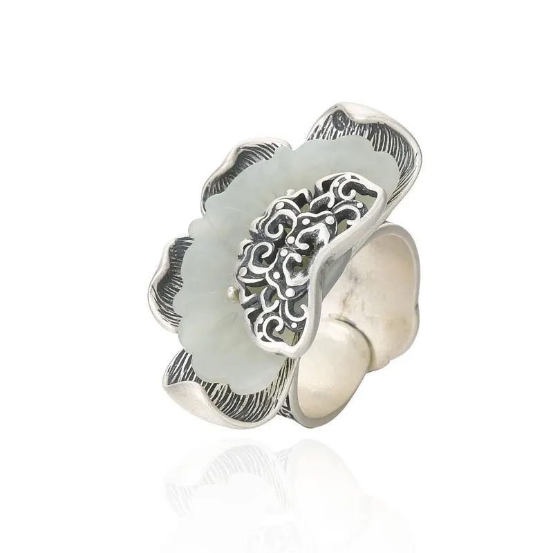 

RADHORSE 925 Silver Rings for Women Fine Jewelry Hetian White jade Ink black crafts Sterling Silver Ring Adjustable Silver
