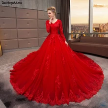 Винтажное кружевное свадебное платье с длинным рукавом Vestido De Noiva, бальное платье с v-образным вырезом, Красные Свадебные платья с длинным шлейфом, Robe De Mariee