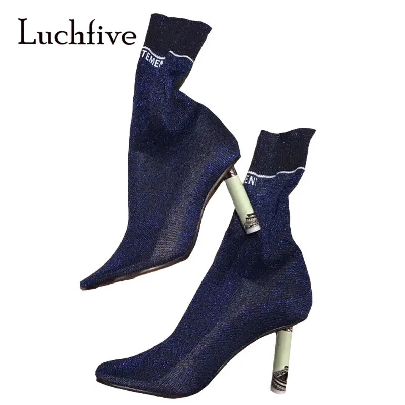 

2018 Chic Lighter Heel Boots Woman Round Toe Blue Green Beige Red White Knitting Stretch Sock Boots Women Fashion Ankle Boots