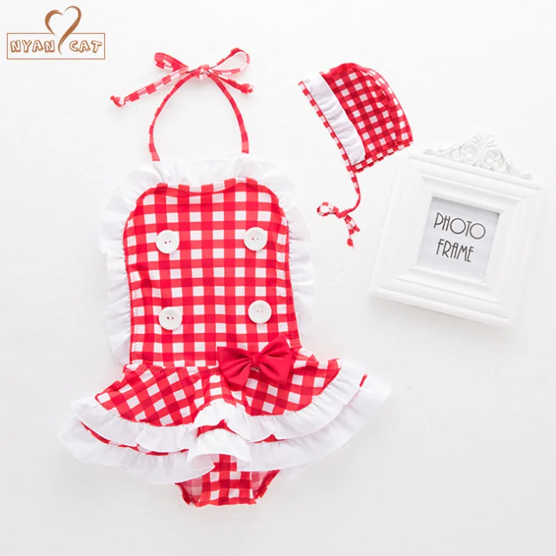 

Nyan cat Baby girls swimming suit summer red white plaid cute 2pcs set infant toddler kids spa beach bathing clothing costume
