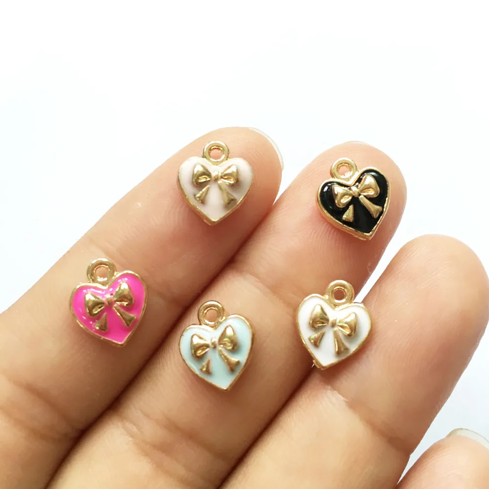 

High Quality 9*10MM Ribbon Knot Bow Decorated Love heart Pendants DIY Jewelry Findings Zinc Alloy Bracelet Keyring Charms