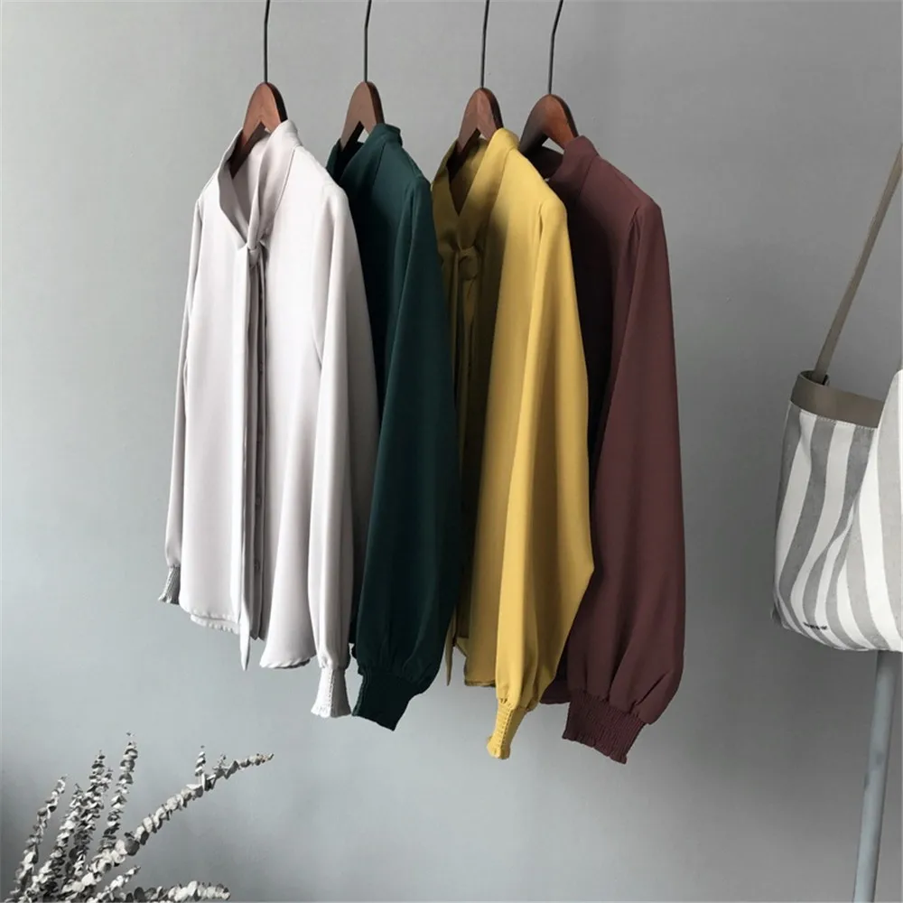 High quality Casual Chiffon Women blouse shirt Lantern Sleeve Office Work Shirts Blouse Solid Elegant Loose Tops Blusas (4)