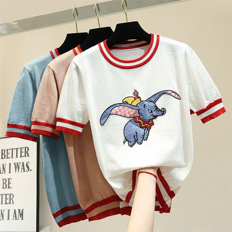 

High Quality Short Sleeve Knitted Tops Women Cartoon Dumbo Embroidery Loose Pullovers Top All-match Students Knitting T-shirts
