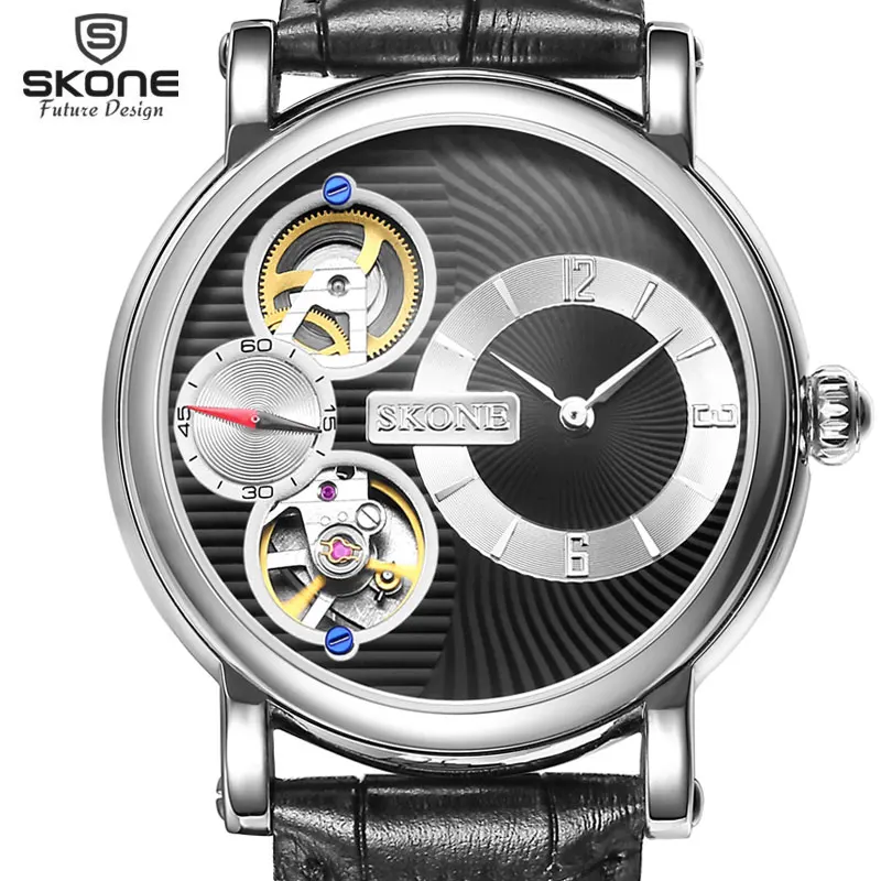 

SKONE Mechanical & Quartz Dual Movement Watch Luxury Case Genuine Leather Strap Automatic Mechanical Watch Men Relogio masculino