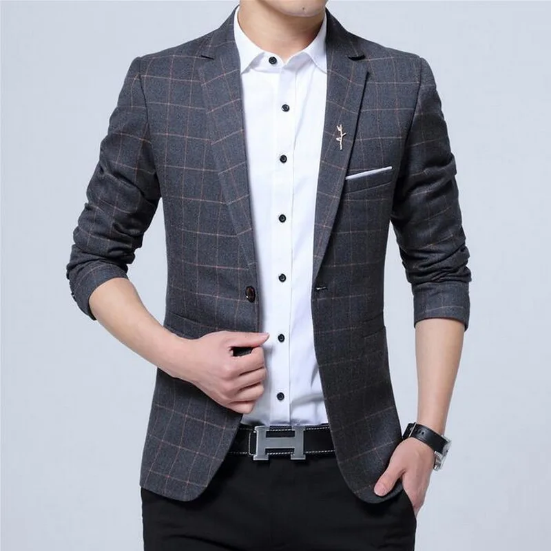 

VXO 2019 Classic Blazer Men Designer Blazer Slim Fit Korean Male Plaid Blazer Masculino Tweed Button Casual mens Blazer Jacket