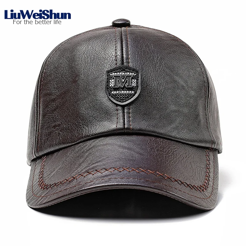 

Letter M Shield Logo Faux Leather Baseball Cap With Earflap Winter Elder Men PU Leather Thicken Dad Warm Hat Outdoor Head Wear