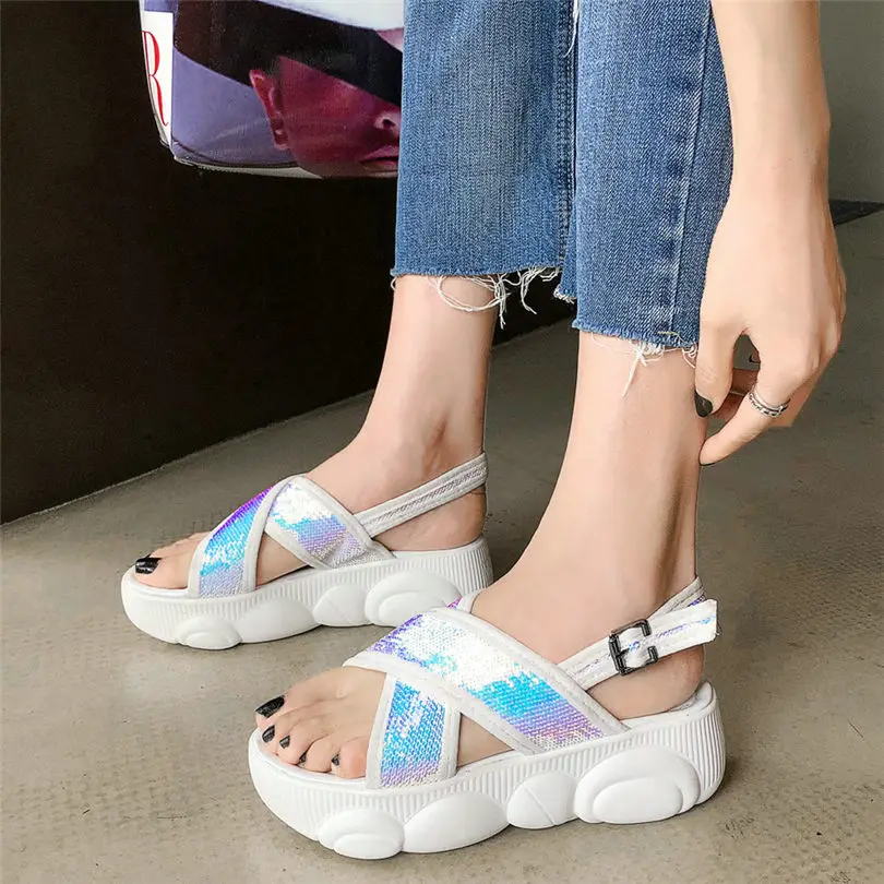 

2019 Creepers Women Shoes Bling Mesh Wedges Roman Gladiator Sandals High Heels Summer Party Sneakers Platform Oxfords Loop Shoes