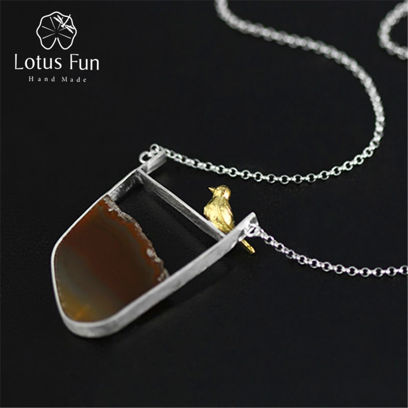 

Genuine 925 Sterling Silver Necklace Handmade Women Jewelry Exclusive Nature Bird And Lake Design Pendant Natural Agate