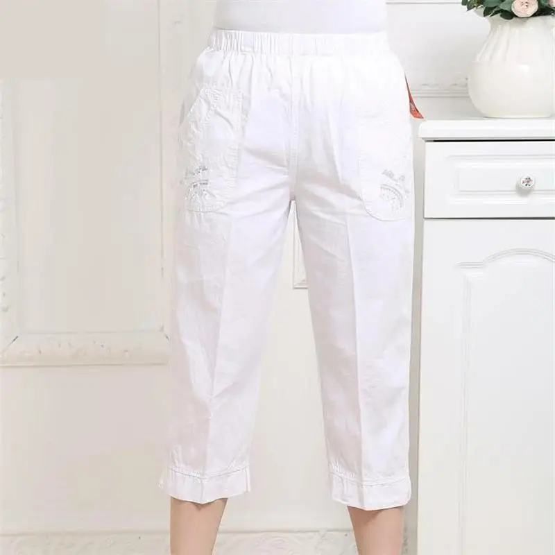 

Female Summer Thin Breathable Trousers Lady Oversized Loose Capris Woman Spring Plus Size High 100% Cotton Calf-length Pants