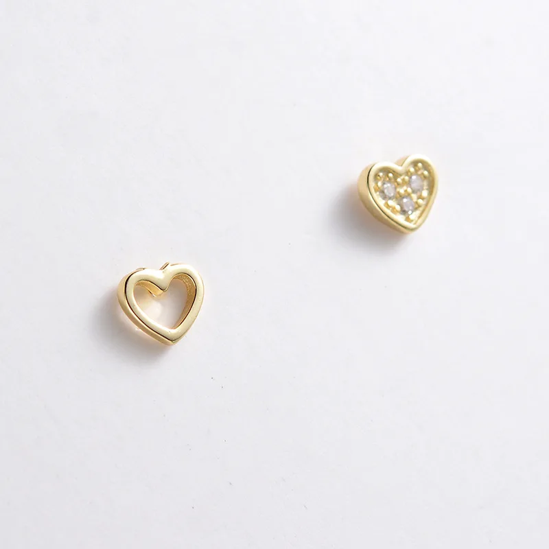 

Gold Color Plated Asymmetrical Heart 925 Sterling Silver Stud Earrings for Women Fashion Korean Girls Small Cubic Zircon Earings