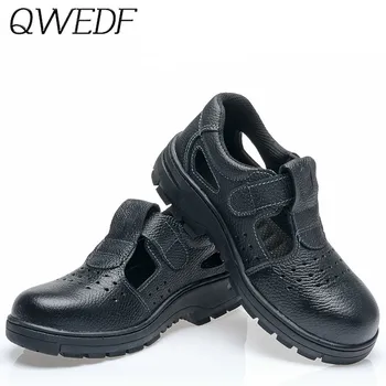 

QWEDF 2019 Leather Safety Shoes men summer boots men Steel Toe Steel Sole Breathable Bot Fly Weaving Shoes F1-89