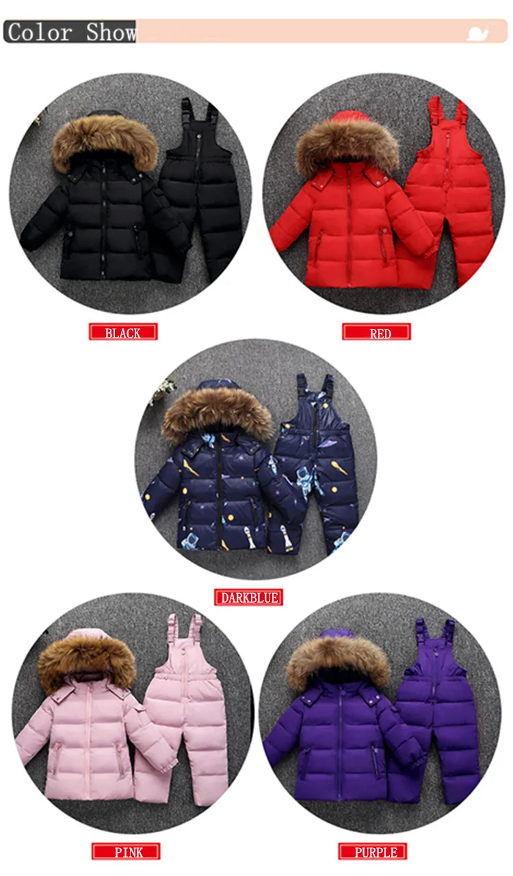 30 Degrees Winter Children Down Jacket Clothing Sets Furry Collar Girls Down Jackets+ Overalls Kids Warm Suit For Boys