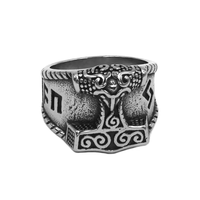 Этнический символ миф Тор молоток кольцо из нержавеющей стали ювелирные изделия норвежский викинг руны Волк череп байкер Мужские кольца SWR0758 - Цвет основного камня: e-style