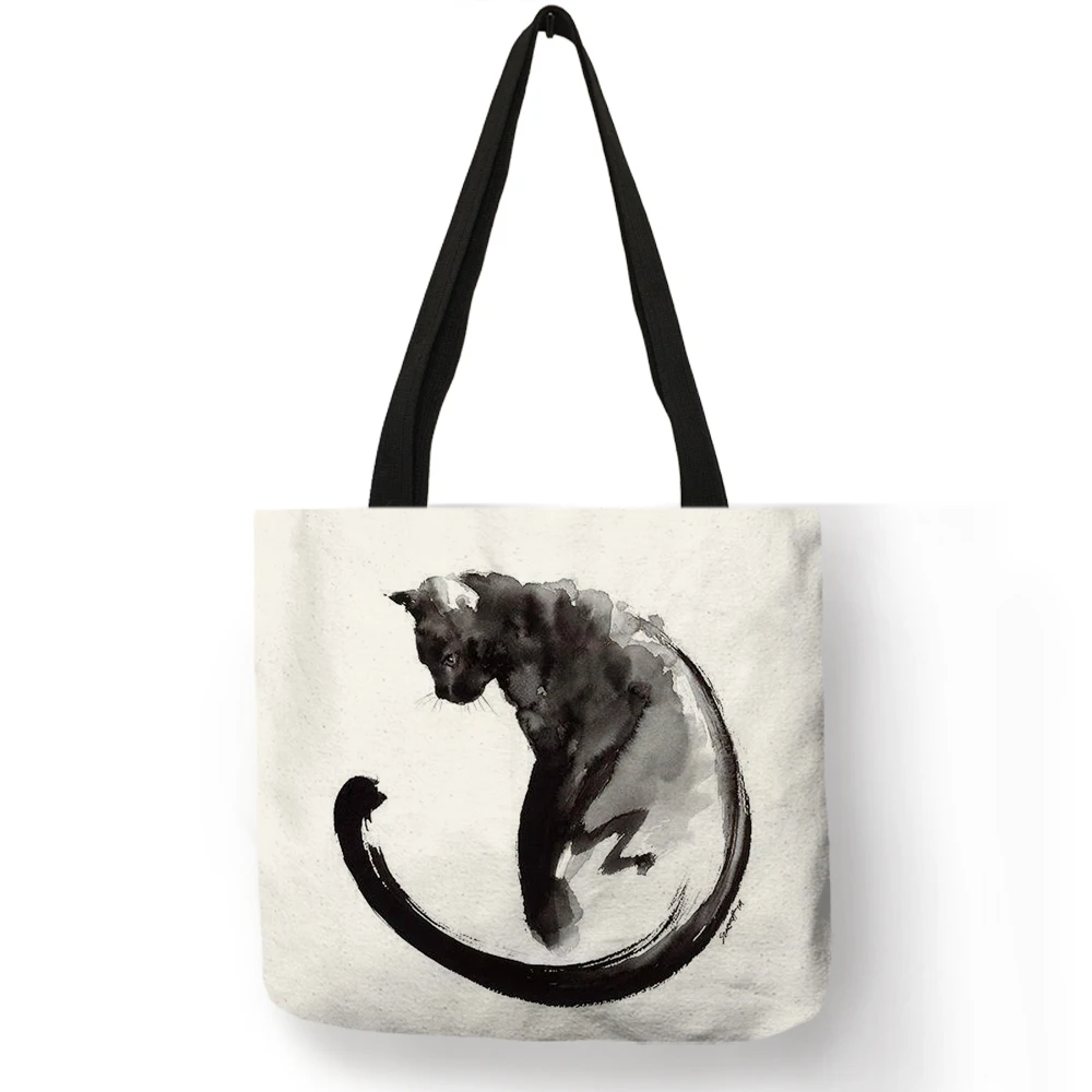 Colorful Cat Oil Painting Linen Tote Bag Eco-Friendly Beach Bag Reusable