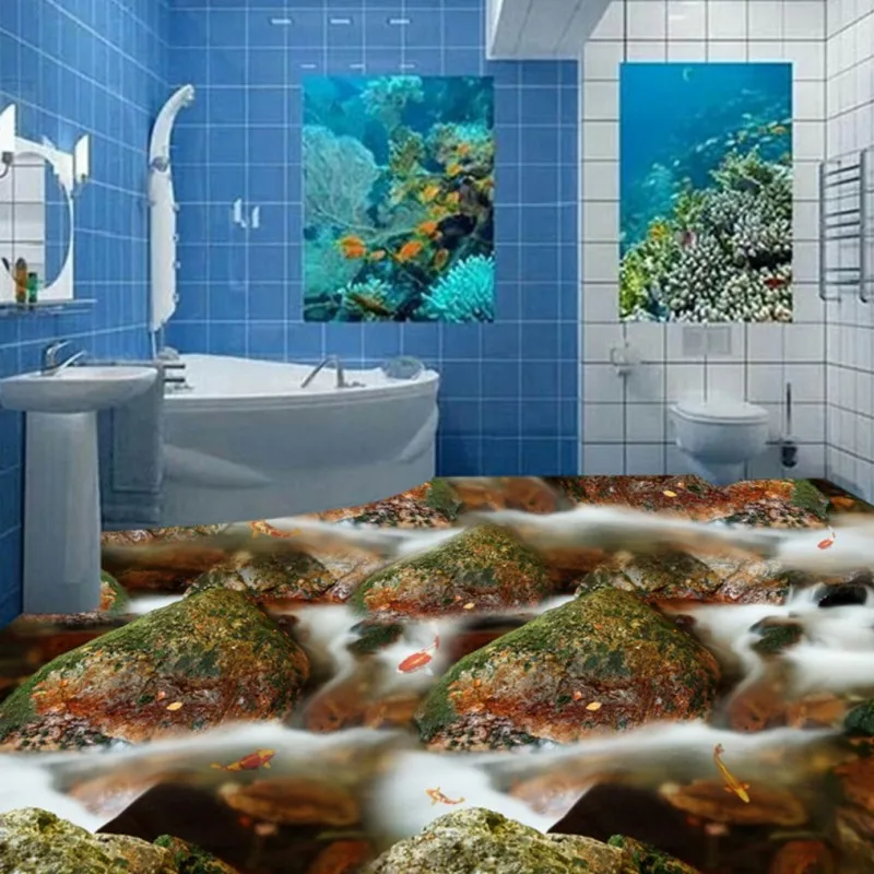 

Free Shipping custom 3D river streams Cobblestone floor Affixed mural floor mural bathroom living room self-adhesive wallpaper