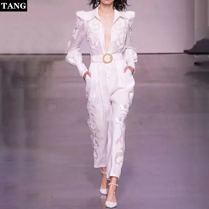 Runway Suit Women's Flare Sleeve Bow Collar embroidery Two Piece Set Top And Pants 2 Piece Set Women Blouses Casual Pants (5)