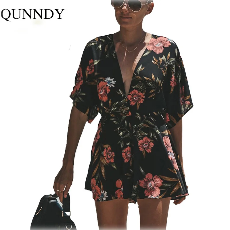 

Qunndy Women Summer Print Playsuits Deep V neck Backless Multicolor Bohemian Rompers Short Sleeve High Waist Casual Jumpsuit