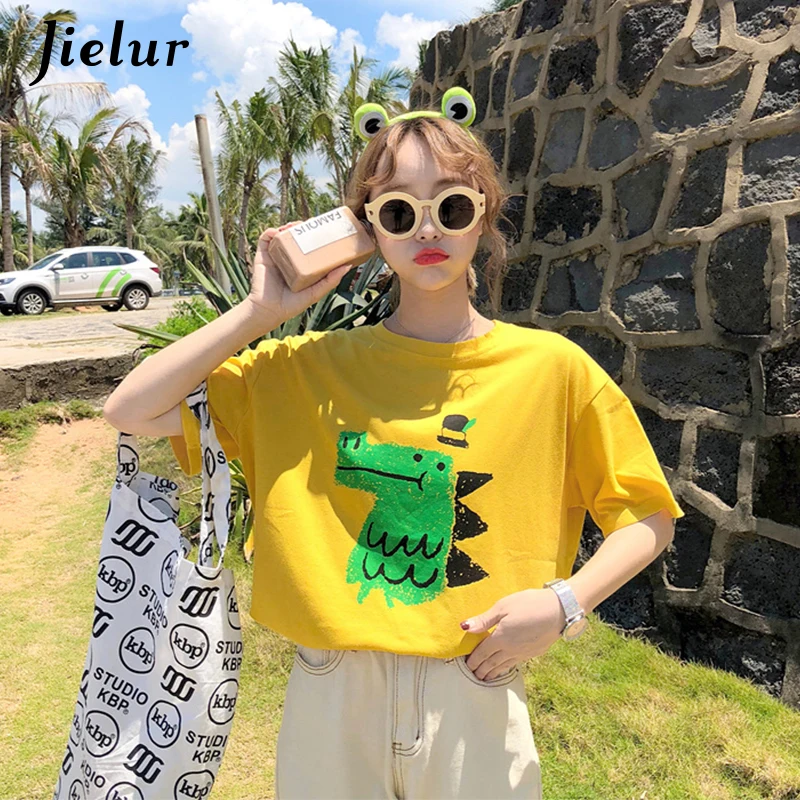 Jielur милый мультфильм Динозавр печатные футболки для женщин 2019 белая футболка