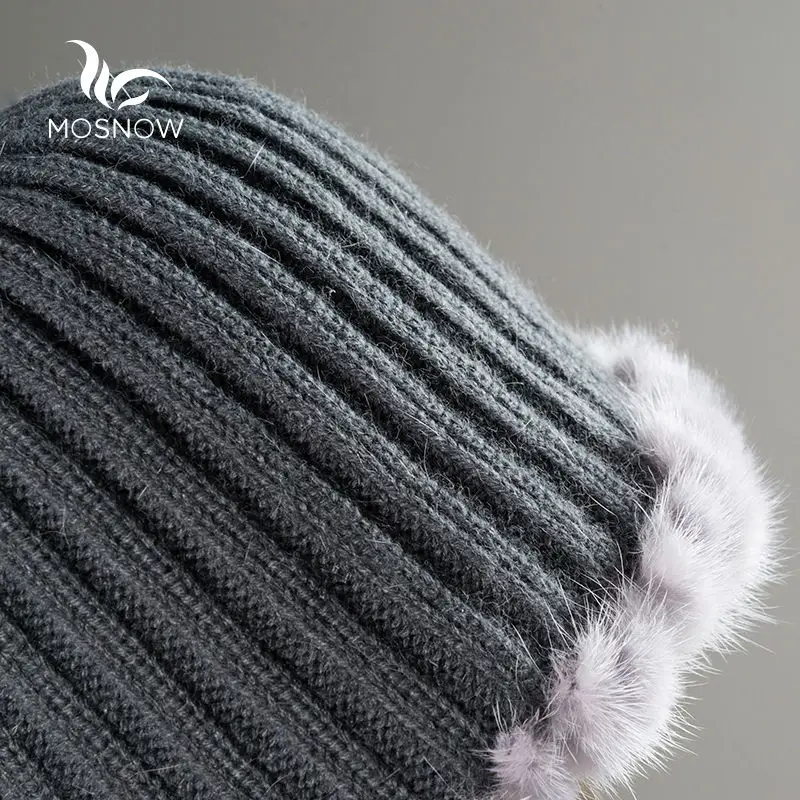 Модные теплые зимние шапки для женщин из натуральной норки меховой Цветок Теплые полосатые вязаные повседневные однотонные женские шапочки Femme Beanies