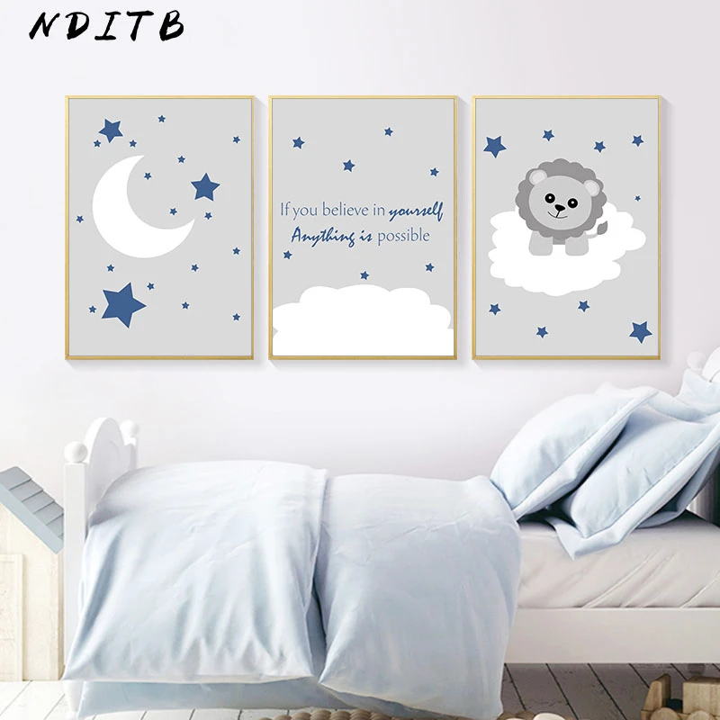 GN BA/_ BLACK WHITE MOON MODERN CANVAS PAINTING HOME KIDS ROOM NURSERY W LK/_ GN