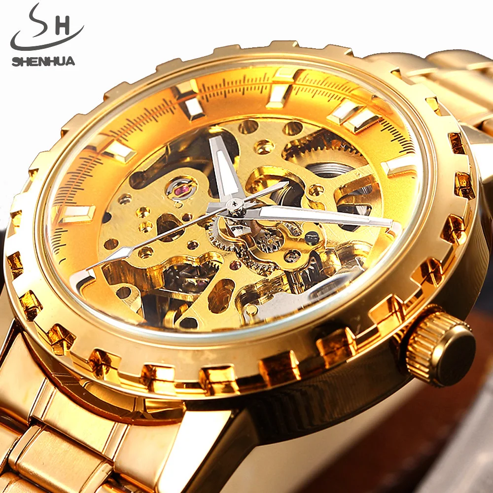 

SHENHUA Gold Automatic Watch Men Luxury Skeleton Mechanical Watch Men Stainless Steel Watch Clock Business Relogio Masculino