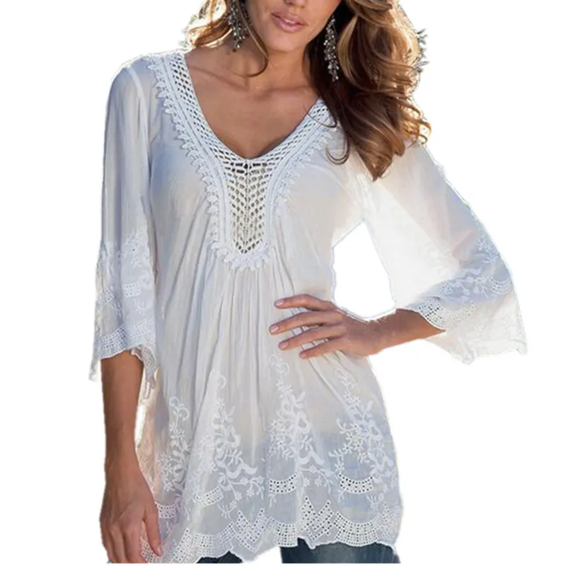 Summer Beach Tops 2017 New Womens Ladies Sexy Lace Hollow Design V neck