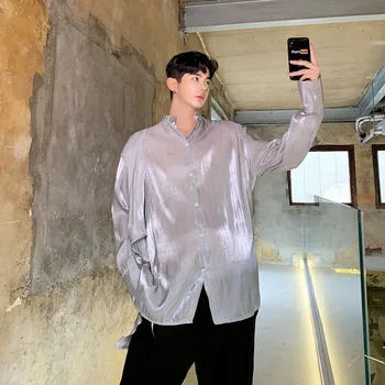 

Male Streetwear Hip Hop Loose Thin Shirts Men Women Open Back Long Sleeve Casual Couple Shirts